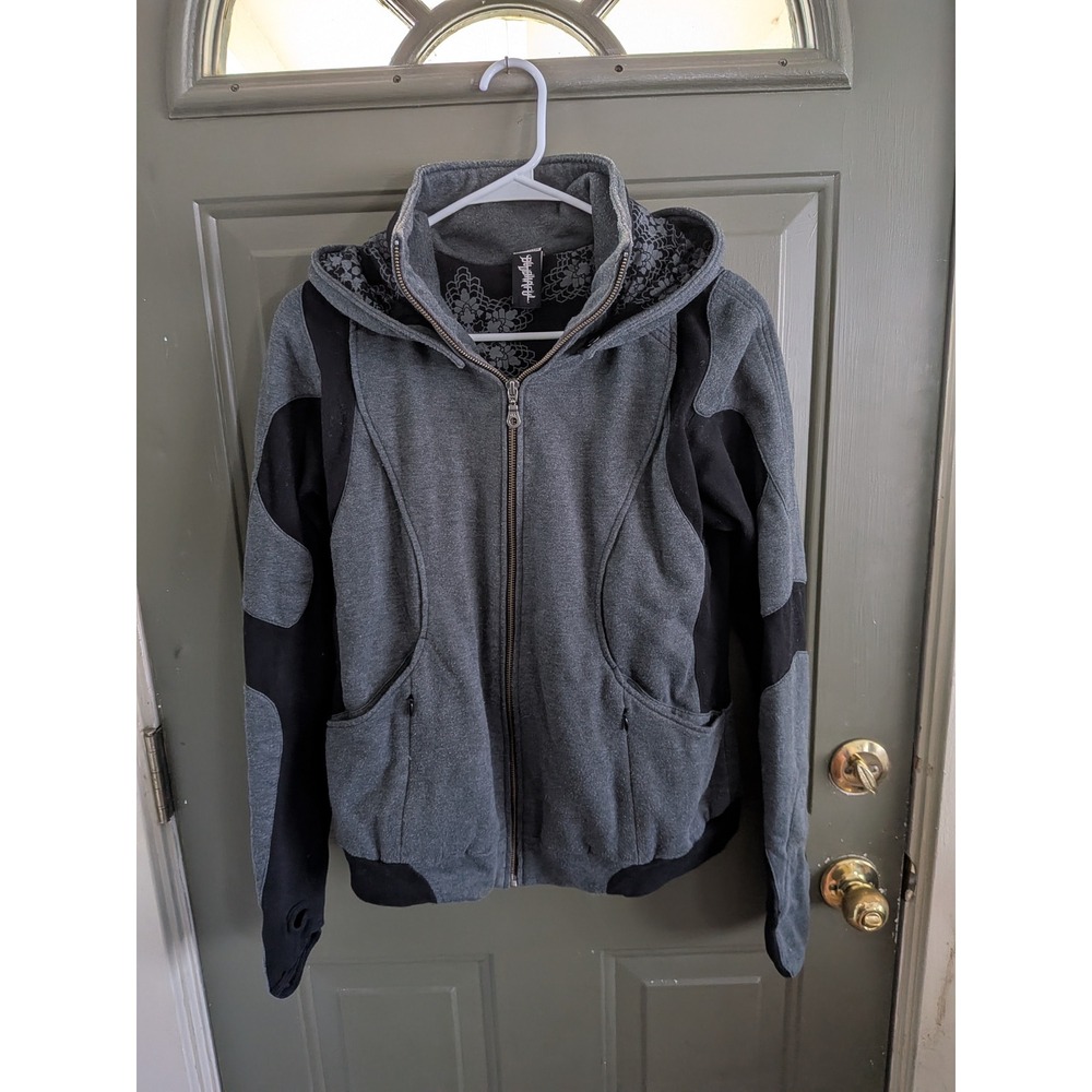 Buddhaful Womens XL Grey Black Full Zip Hoodie Thumbholes Mandala Graphic Cotton